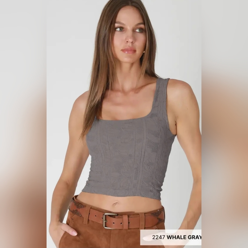 #1427 Nikibiki Double Layered Floral Textured Square Neck Crop Tank-Whale Gray
